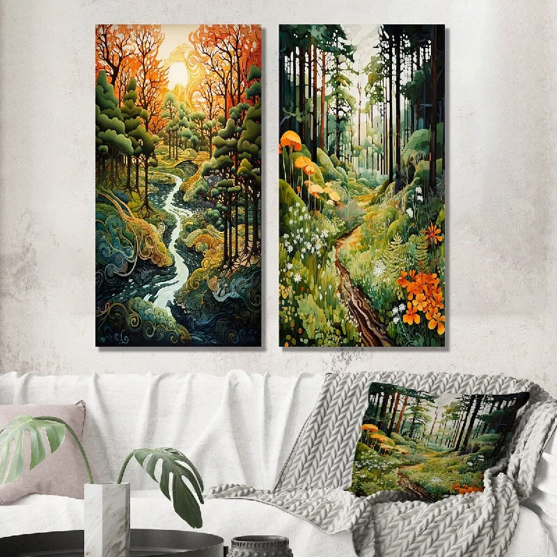 Designart "Forest Daydream Little River The Sunset Forest I" Forest Wall Art Set of 2 Gallery Set For Living Room Decor