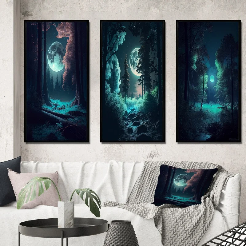 Designart "Full Moon Grace Magical Midnight Forest VII" Forest Framed Wall Art Set Of 3 - Traditional For Office Decor