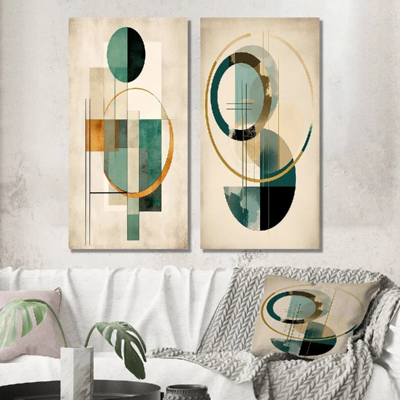 Designart "Full Moon Grace Retro Gold And Teal Abstract" Modern Wall Art Set of 2 - Modern Wall Art For Home Decor