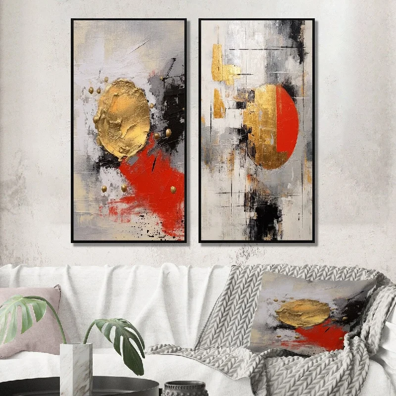 Designart "Full Moon Redemption Abstract Gold And Red III" Abstract Painting Framed Gallery Set For Office Decor