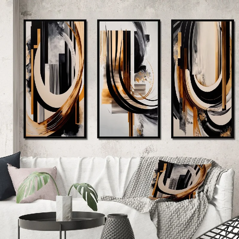 Designart "Gold Touch Art Deco I" Abstract Framed Wall Art Set Of 3 - Transitional Frame Gallery Wall Set For Home Decor