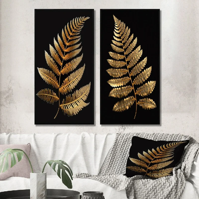 Designart "Golden Fern On Black I" Floral Ferns Wall Art Décor - Modern Gallery Set For Office Decor