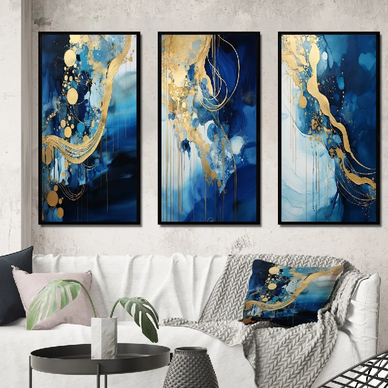 Designart "Golden Oceanic Wave Harmony V" Abstract Painting Framed Wall Art Set Of 3 Modern Gallery Set For Office Decor