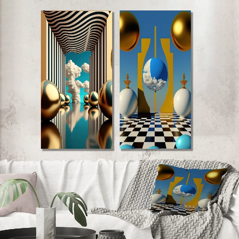 Designart "Golden Spheres Infinity II" Modern Abstract Wall Art Set of 2 - Traditional Print Art For Living Room Decor