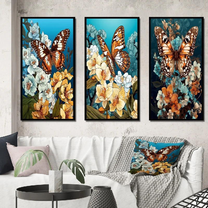 Designart "Gracious Brown Butterfly On Orchids Retro II" Animals Butterfly Frame Gallery Set Of 3 For Office Decor