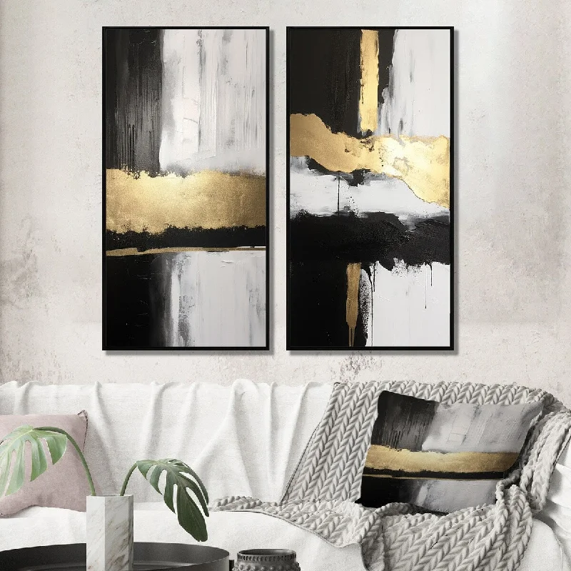 Designart "Horizontal Dimensions Abstract Gold Black IV" Abstract Painting Wall Art Décor Gallery Set For Office Decor