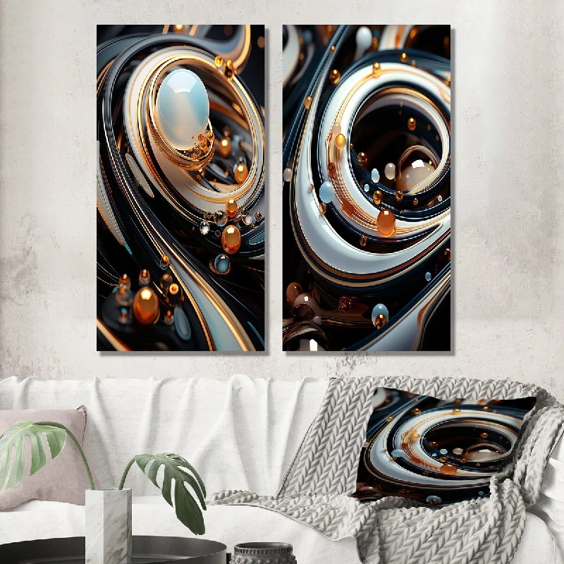 Designart "Liquid Art Gold Black And White Spheres" Abstract Wall Art Set of 2 - Transitional For Living Room Decor