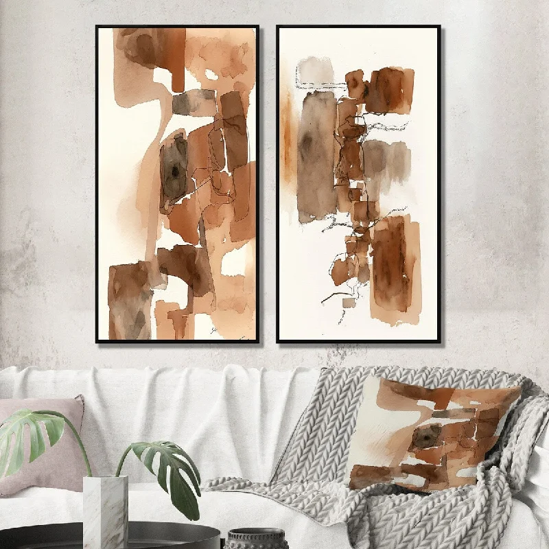 Designart "Liquid Earth Tones I" Abstract Liquid Ink Framed Wall Art Set Of 2 - Modern Gallery Wall Set For Home Decor