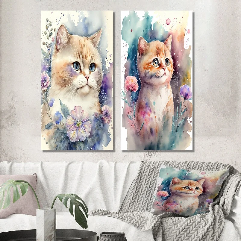 Designart "Little Kitten Surrounded By Colorful Flowers III" Animal Wall Art Set of 2 Children's Art Printed Wall Décor