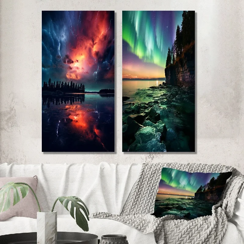 Designart "Magical Aurora Borealis Artic Lake Serenity V" Northern Lights Set of 2 - Traditional Wall Art For Bedroom