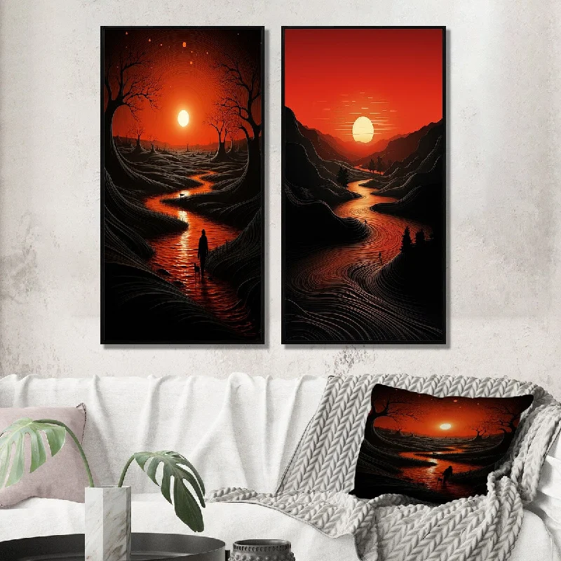 Designart "Magical Sunset Over Minimal River Landscape I" Lakehouse Wall Art Décor - Lake House Wall Art Set Of 2