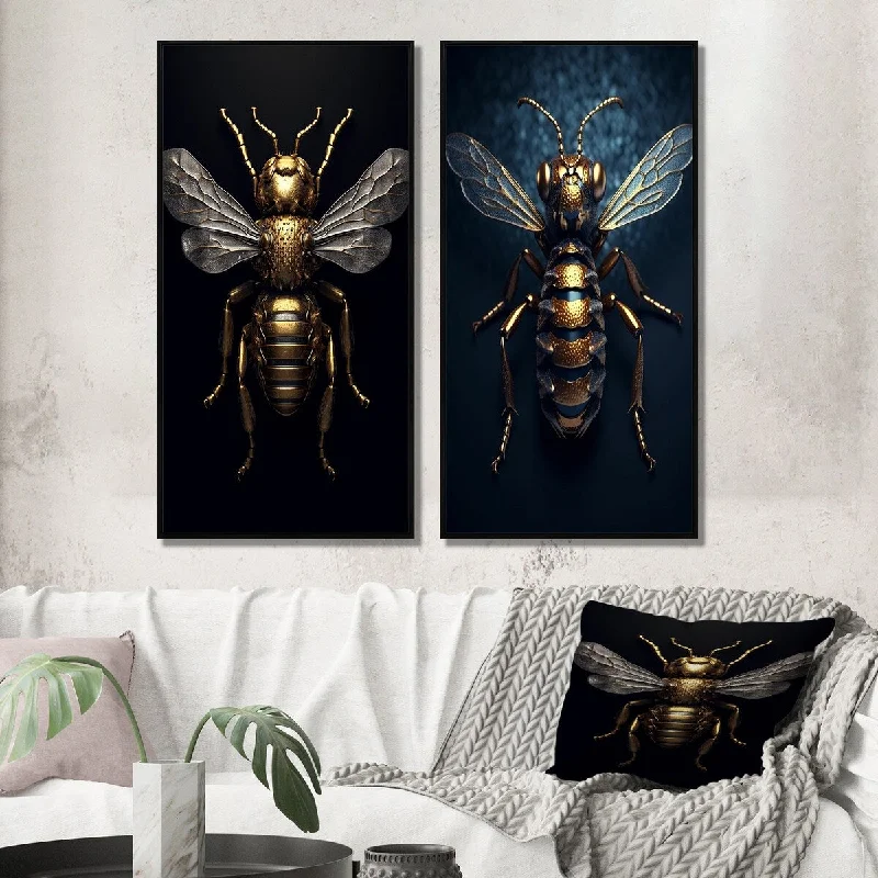 Designart "Mecanical Bumble Bee I" Animals Bee Framed Wall Art For Bedroom - Children's Art Wall Art Set Of 2