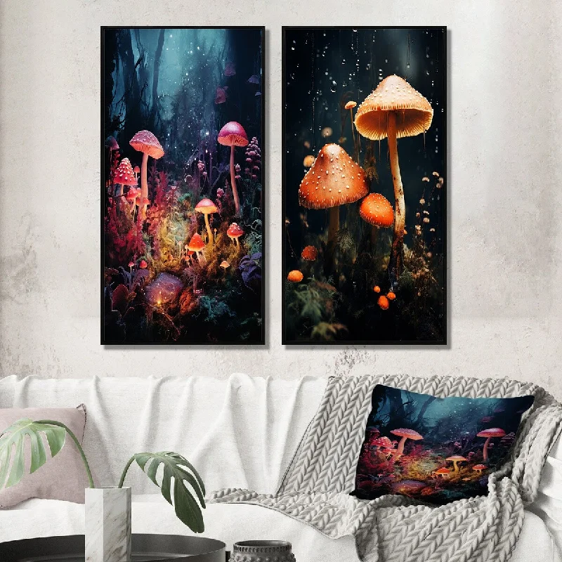 Designart "Midnight Magic In Enchanted Mushroom Forest III" Mushroom Framed Wall Art Set Of 2 Wall Art Set Of 2