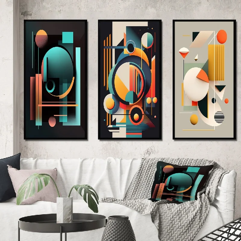 Designart "Minimal Bauhaus Dimensions II" Modern Geometric Framed Wall Art Set Of 3 Modern Gallery Set For Office Decor