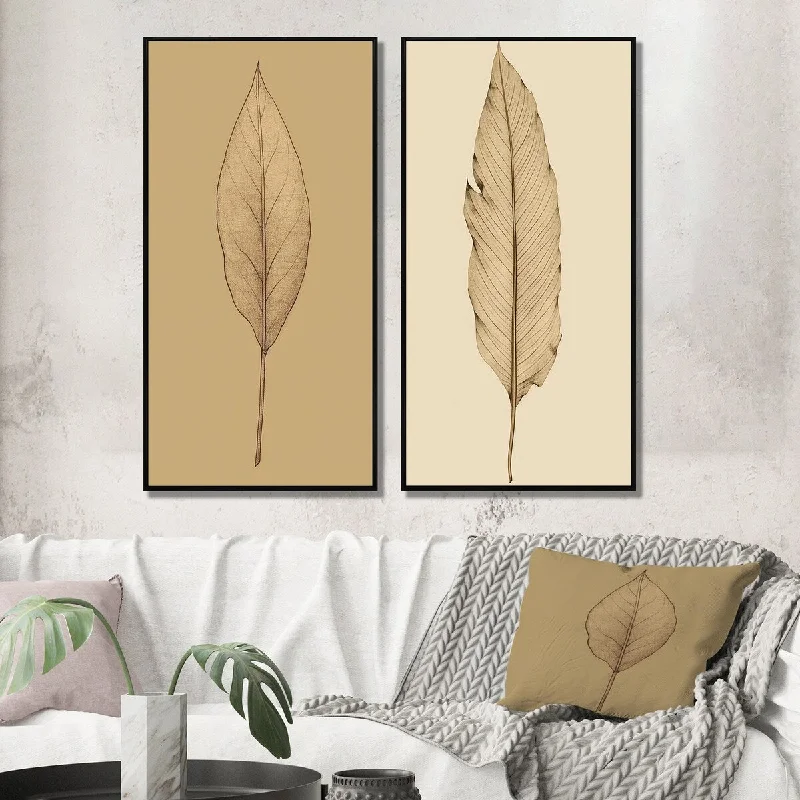 Designart "Minimal Botanicals Single Leaf On Beige II" Flowers Wall Art Décor - Traditional Wall Art Set Of 2