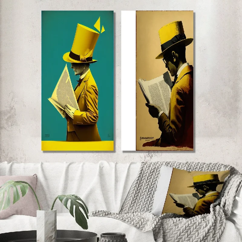 Designart "Mysterious Man With Yellow Hat Reading A Book I" Man Wall Art Set of 2 - Glam For Living Room Decor