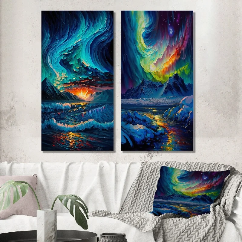 Designart "Mystical Aurora Borealis Arctic Mountains II" Beach Wall Art Set of 2 - Coastal Wall Art For Bedroom