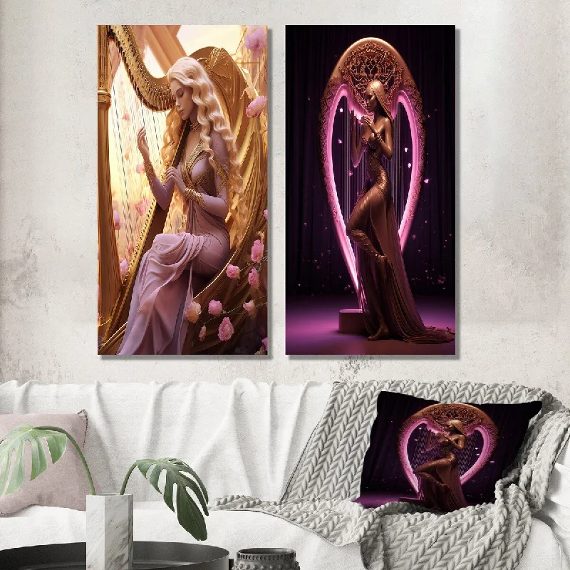 Designart "Mythical Woman Playing Harp I" Music Wall Art Set of 2 - Traditional Gallery Set For Office Decor