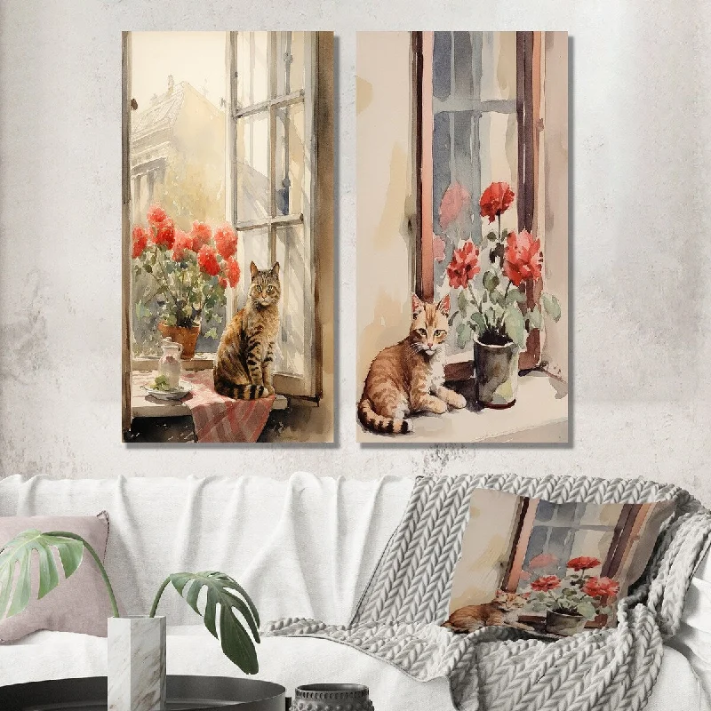 Designart "Orange Cat Sitting On Windowstill Watercolor II" Animal Set of 2 - Children's Art Wall Art For Bedroom