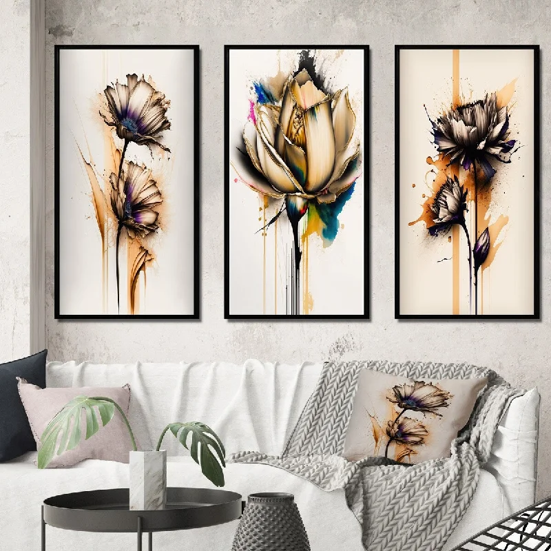 Designart "Orange Gerbera Flower On Abstract Fusion II" Floral & Botanical Frame Gallery Set Of 3 For Office Decor