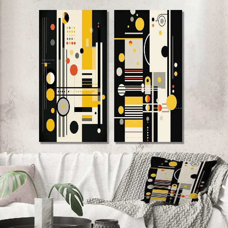 Designart "Paradise Of Sound Retro Abstract Yellow Black I" Modern Wall Art Set of 2 - Modern Wall Art For Home Decor