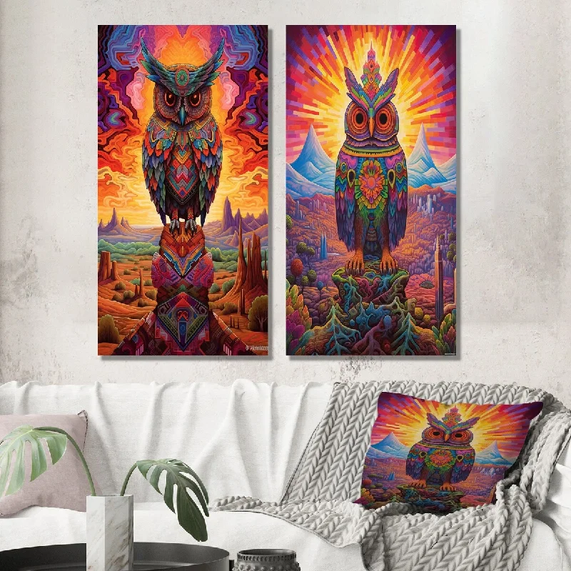 Designart "Portrait Of Purple Shamanic Owl Mexican Dessert II" Animal Set of 2 - Children's Art Wall Art For Bedroom