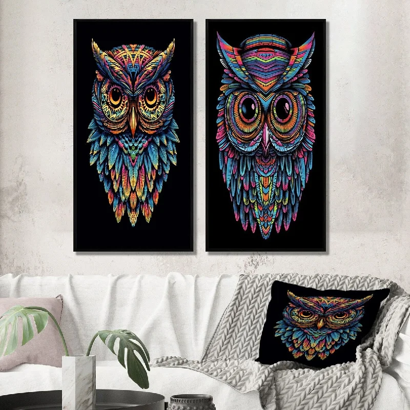 Designart "Psychedelic Owl Portrait On Black I" Animals Framed Wall Art Gallery Set For Office Decor