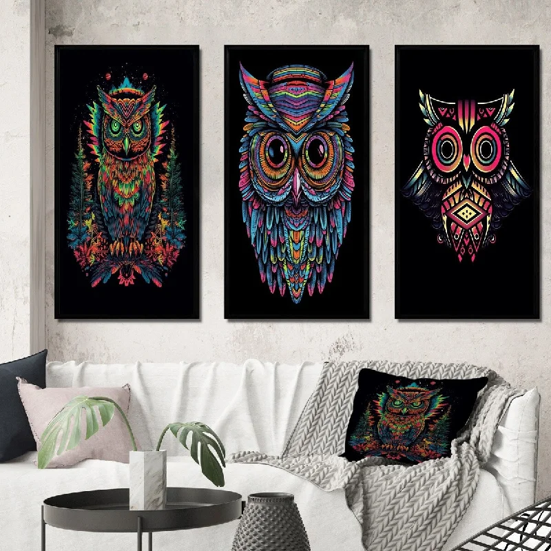 Designart "Psychedelic Owl Portrait On Black III" Animals Owl Framed Wall Art Set Of 3 - Children's Art For Office Decor