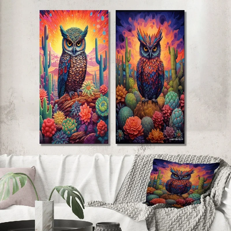 Designart "Purple Owl Surrounded By Cacti In The Desert I" Animal Set of 2 - Children's Art Wall Art For Home Decor