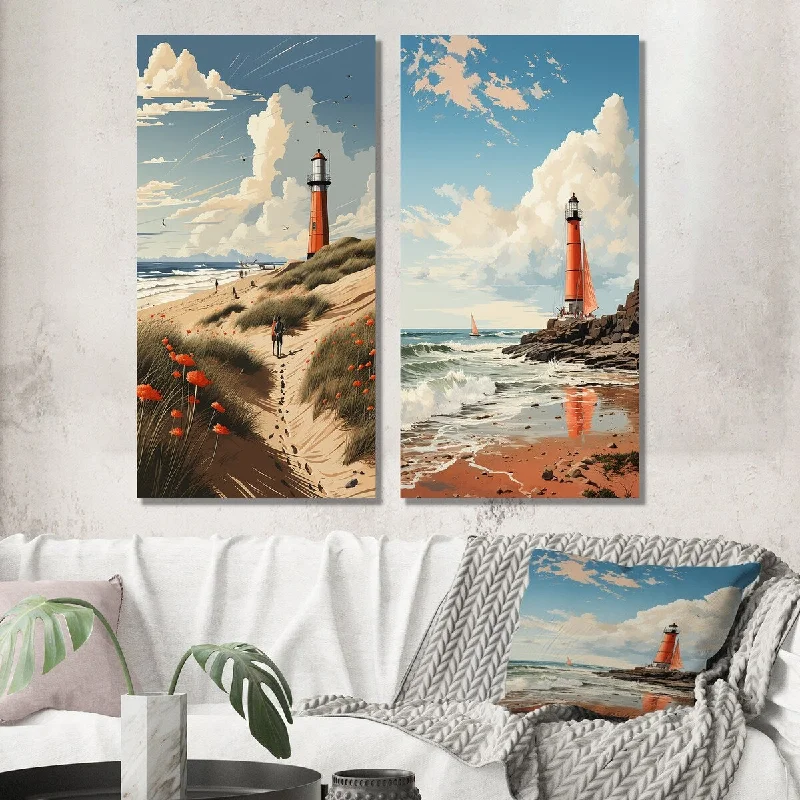 Designart "Retro Beach Illustration Red Lighthouse Beach I" Beach Wall Art Set of 2 - Coastal Living Room Decor