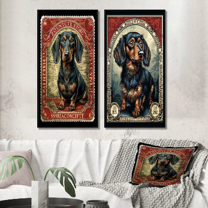 Designart "Retro Stamp Illustration Of Cute Dachshund I" Animals Wall Art Décor Canvas Set For Living Room Decor