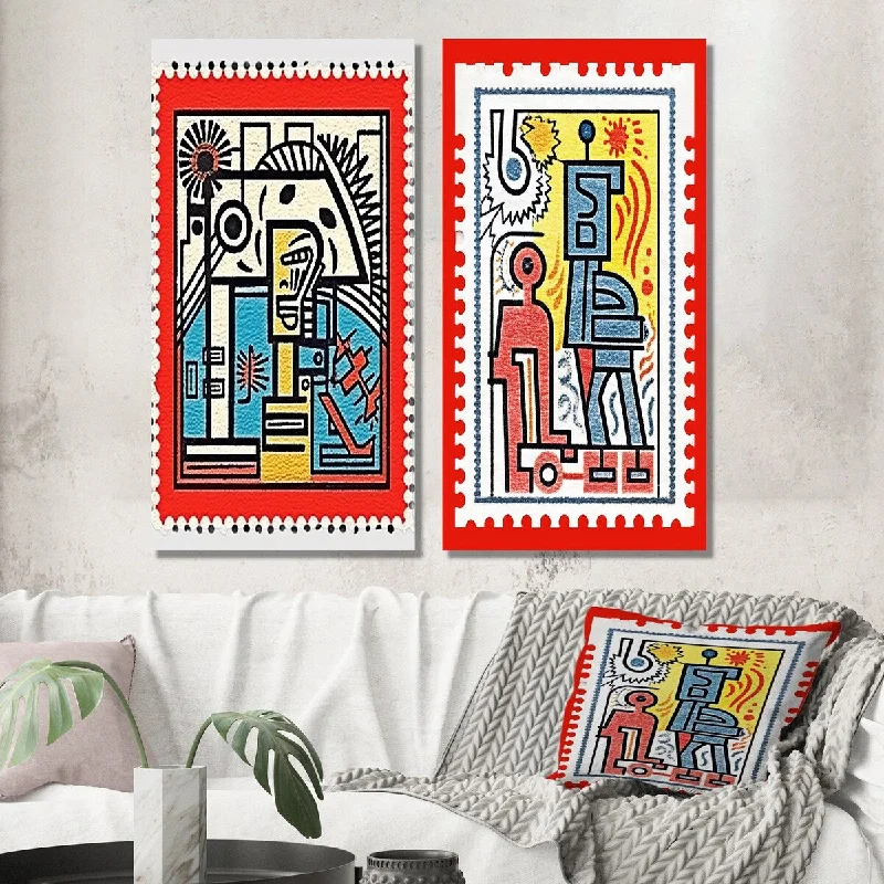 Designart "Retro Stamp Tribute To Keith III" Abstract Wall Art Set of 2 - Transitional For Home Decor