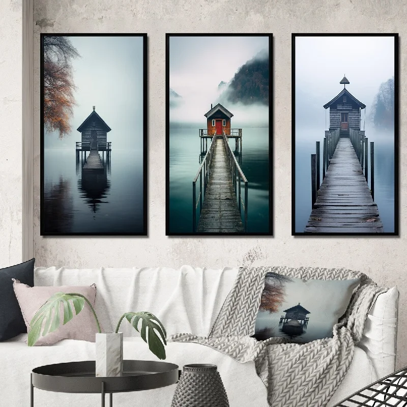 Designart "Small Pier To A Mysterious Lakehouse II" Lakehouse Framed Wall Art Set Of 3 - Lake House For Office Decor