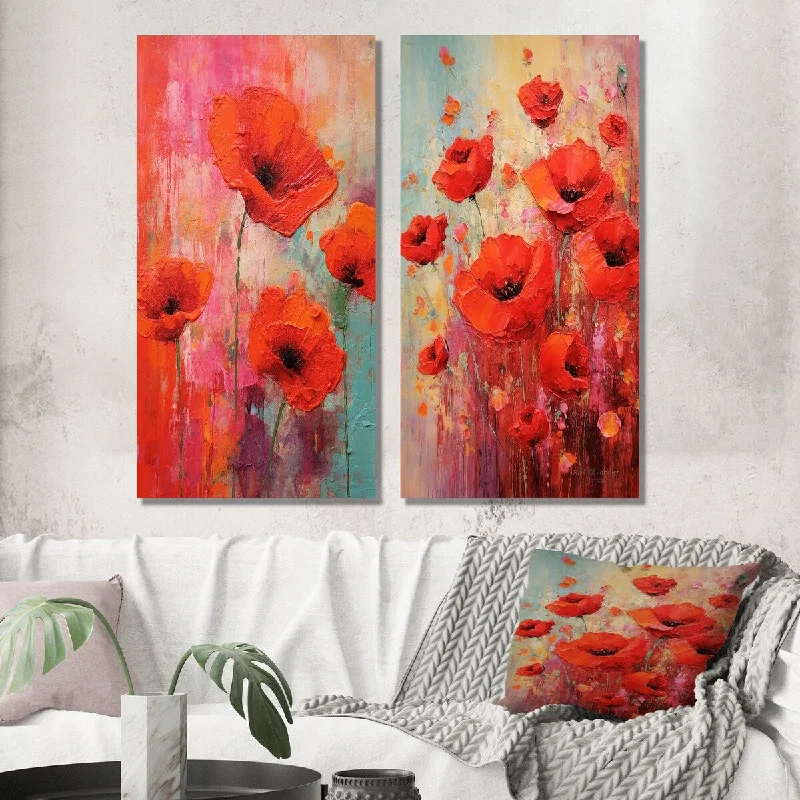 Designart "Spring Blossoming Red Poppie Illustration IV" Poppies Wall Art Set of 2 - Traditional For Living Room Decor