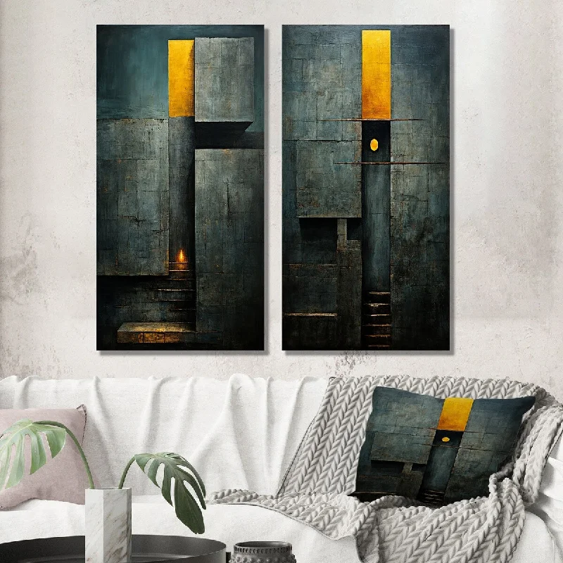 Designart "Stairway To Grace Minimal Orange On Indigo II" Modern Wall Art Set of 2 - Modern Wall Art For Home Decor