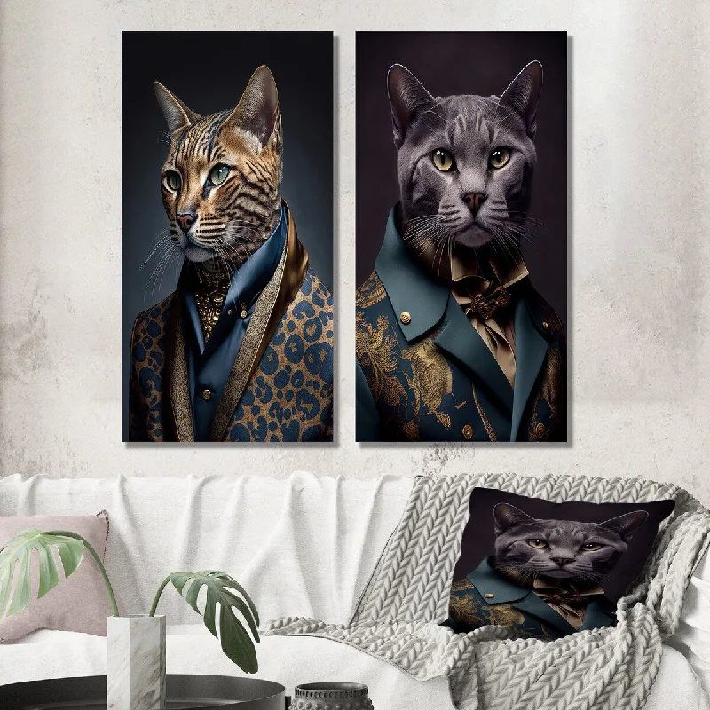 Designart "Stylish Cat In Fancy Blue Fashion Design I" Animal Wall Art Set of 2 - Children's Art For Office Decor