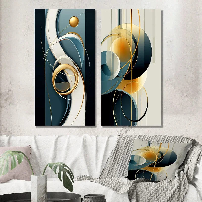 Designart "Sublime Simplicity In Blue And Gold III" Modern Geometric Wall Art Set of 2 - Modern Wall Art For Home Decor