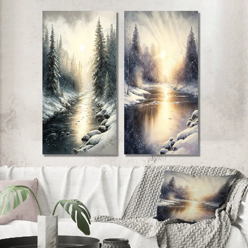 Designart "Sunlight Reflecting The Snow Forest River I" Landscape Wall Art Set of 2 - Traditional For Office Decor