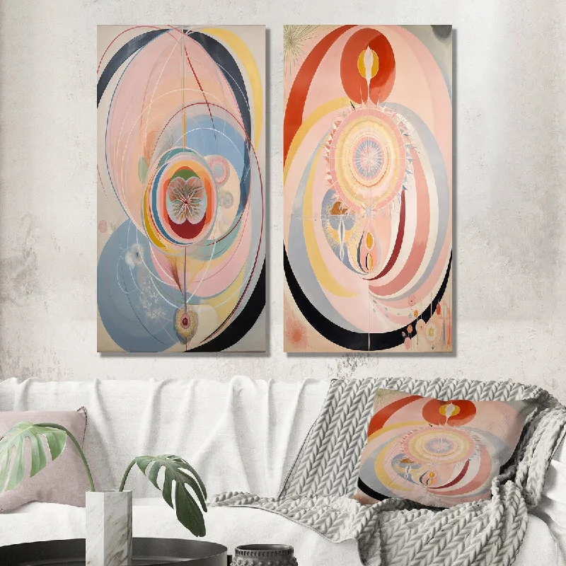 Designart "Syncronicity Pink Vintage Spiritual Retro Art IV" Abstract Wall Art Set of 2 - Modern Wall Art For Home Decor