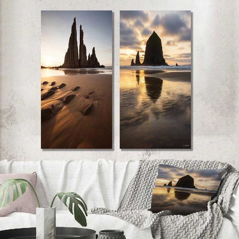 Designart "Tall Rocks Sculpted By The Time Sunset Beach I" Beach & Ocean Wall Art Set of 2 Coastal For Living Room Decor