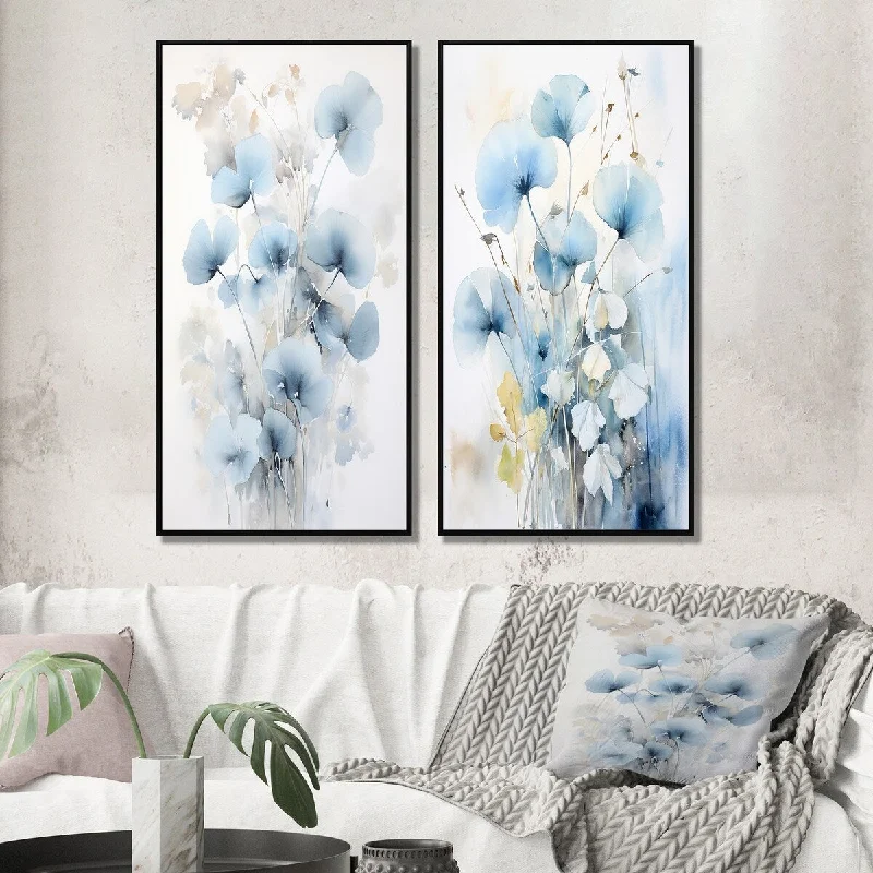 Designart "Tender Ginko Leaves in Shades Of Blue IV" Leaves Framed Wall Art Set Of 2 - Traditional Wall Art Set Of 2