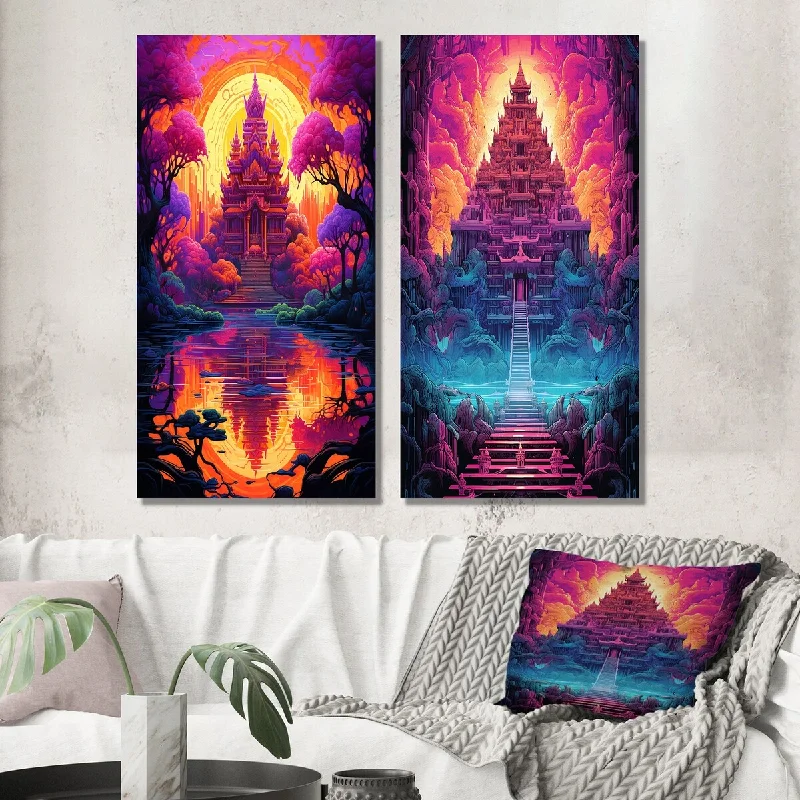 Designart "Thai Buddhist Temple Spiritual Dreamscape I" Buddhism Wall Art Set of 2 - Traditional For Office Decor