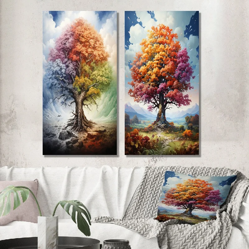 Designart "Tree Of Life All Seasons I" Landscape Trees Wall Art Set of 2 - Traditional Gallery Set For Office Decor