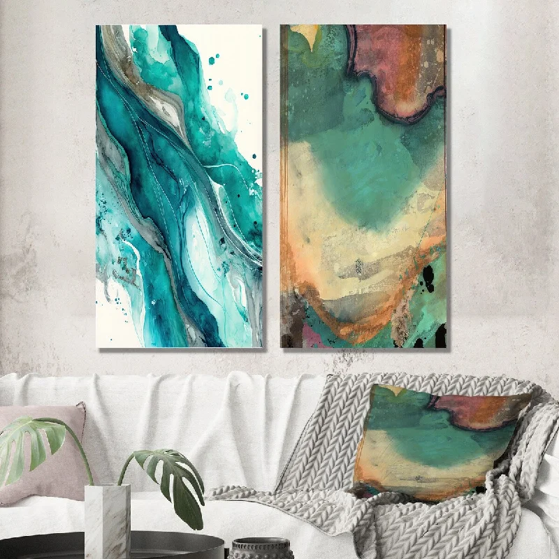 Designart "Turquoise Waves In Paradise V" Abstract Liquid Ink Wall Art Set of 2 Modern Print Art For Living Room Decor