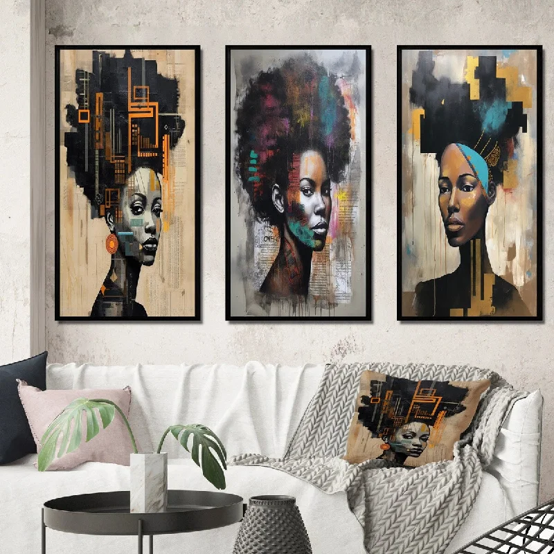 Designart "Urban Queen Contemporary African II" African American Woman Framed Wall Art Set Of 3 - Glam For Office Decor