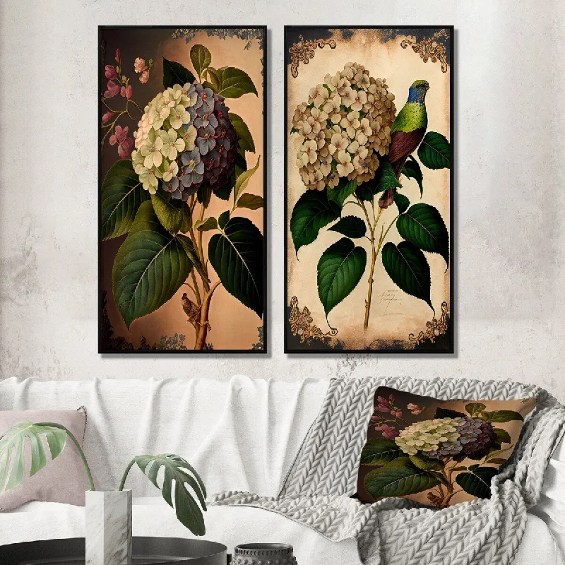 Designart "Victorian Retro Hydrangena I" Floral Framed Wall Art Set Of 2 - Traditional Wall Art Set Of 2