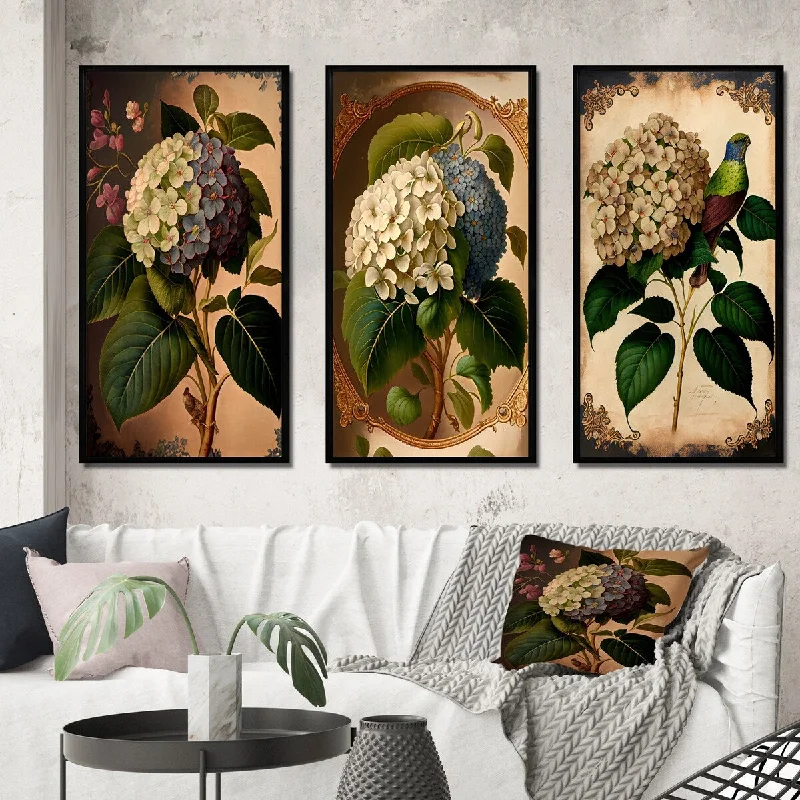 Designart "Victorian Retro Hydrangena I" Floral Framed Wall Art Set Of 3 - Traditional Gallery Wall Set For Home Decor