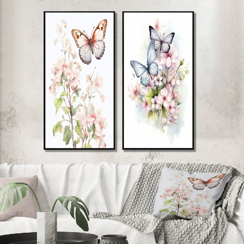 Designart "Vintage Butterflies On Flowers In Pastel Tones II" Animals Framed Art Set Of 2 Gallery Set For Office Decor