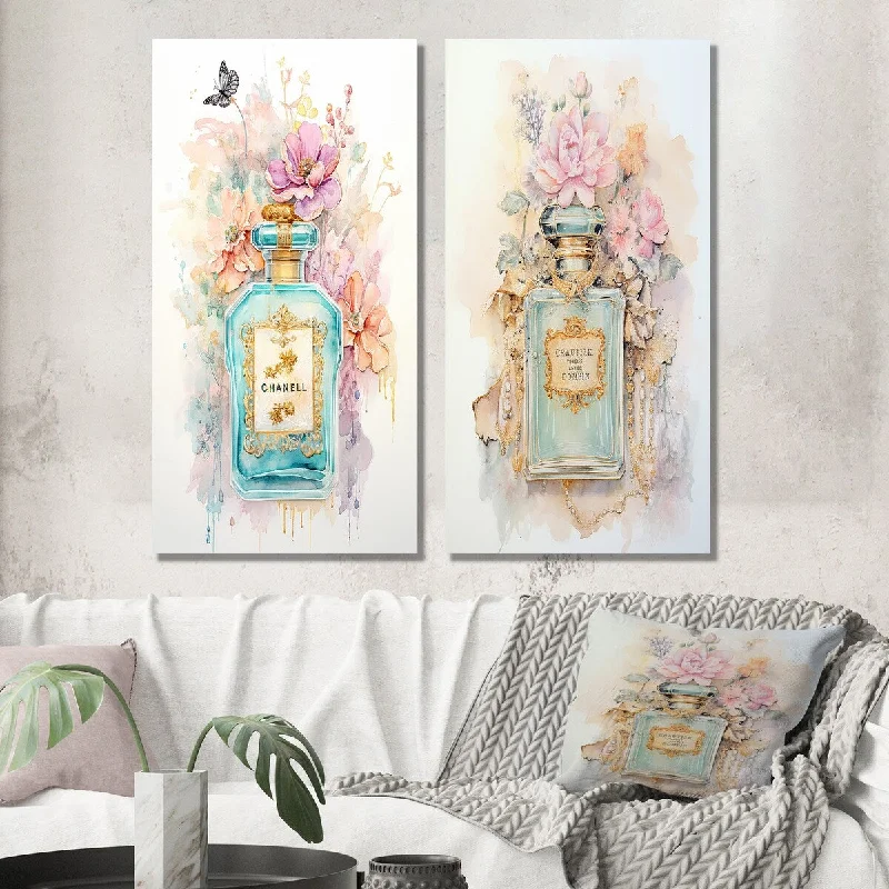 Designart "Vintage Floral Pastel Perfume Bottle I" Perfumes Wall Art Set of 2 - Glam Wall Art For Bedroom