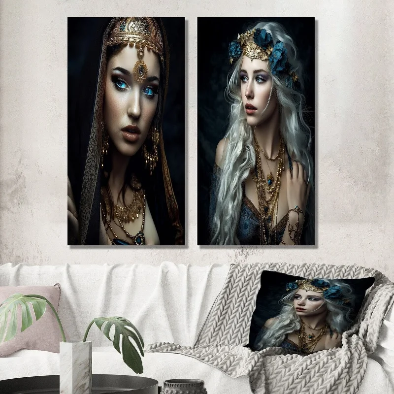 Designart "Vintage Sensuous Boho Beauty IV" Boho Woman Wall Art Set of 2 - Glam Wall Art For Home Decor